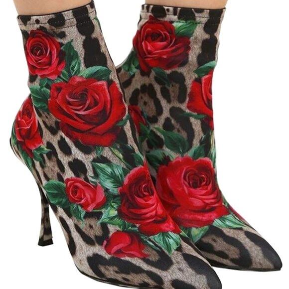 Dolce & Gabbana Floral Leopard Rose Print Stretch booties boots Tan Red 37.5 - Picture 1 of 9